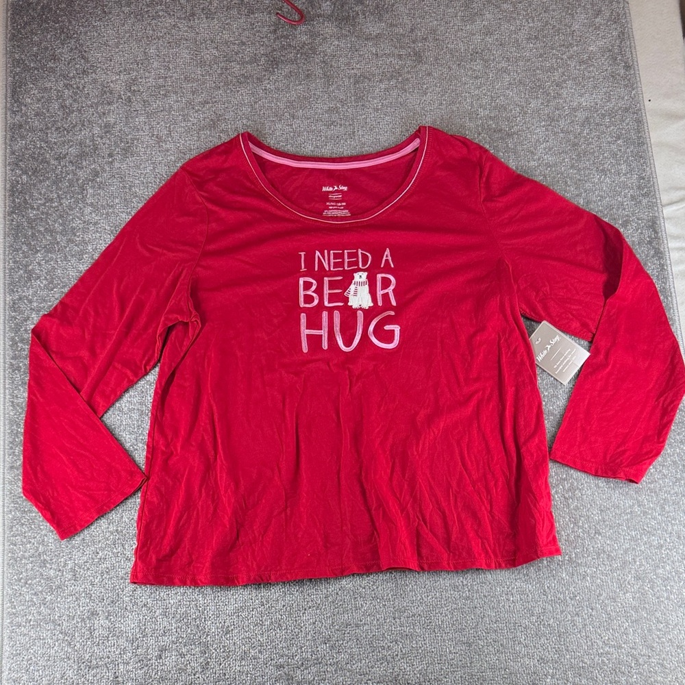 NWT White Stag Long Sleeve Pajama Top Shirt Red I Need A Bear Hug Womens XL